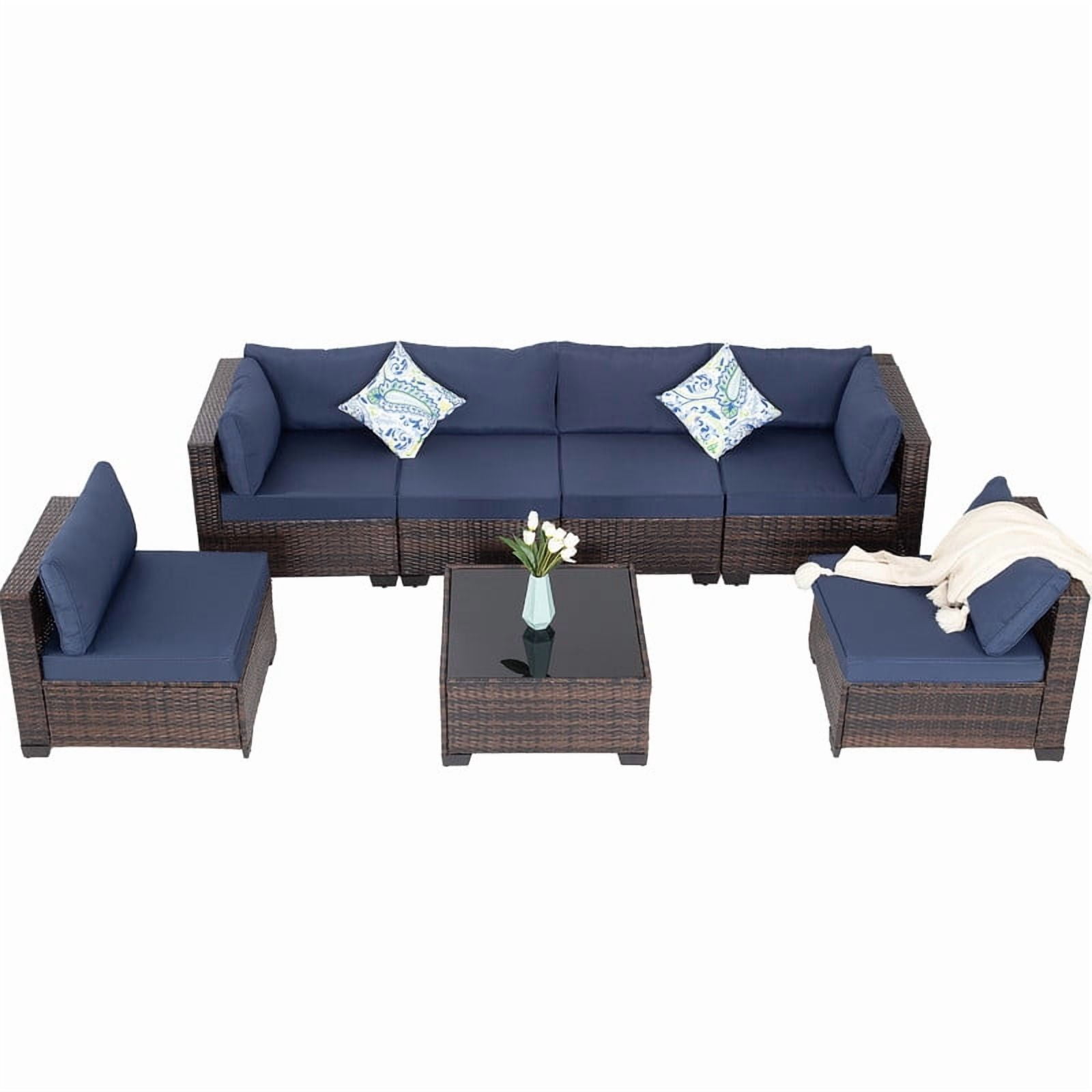 Howcool 7-Piece All-Weather Wicker Rattan Outdoor Patio Furniture Set,Modular Patio Conversation Furniture Set with Thick Cushions & Tempered Glass Table
