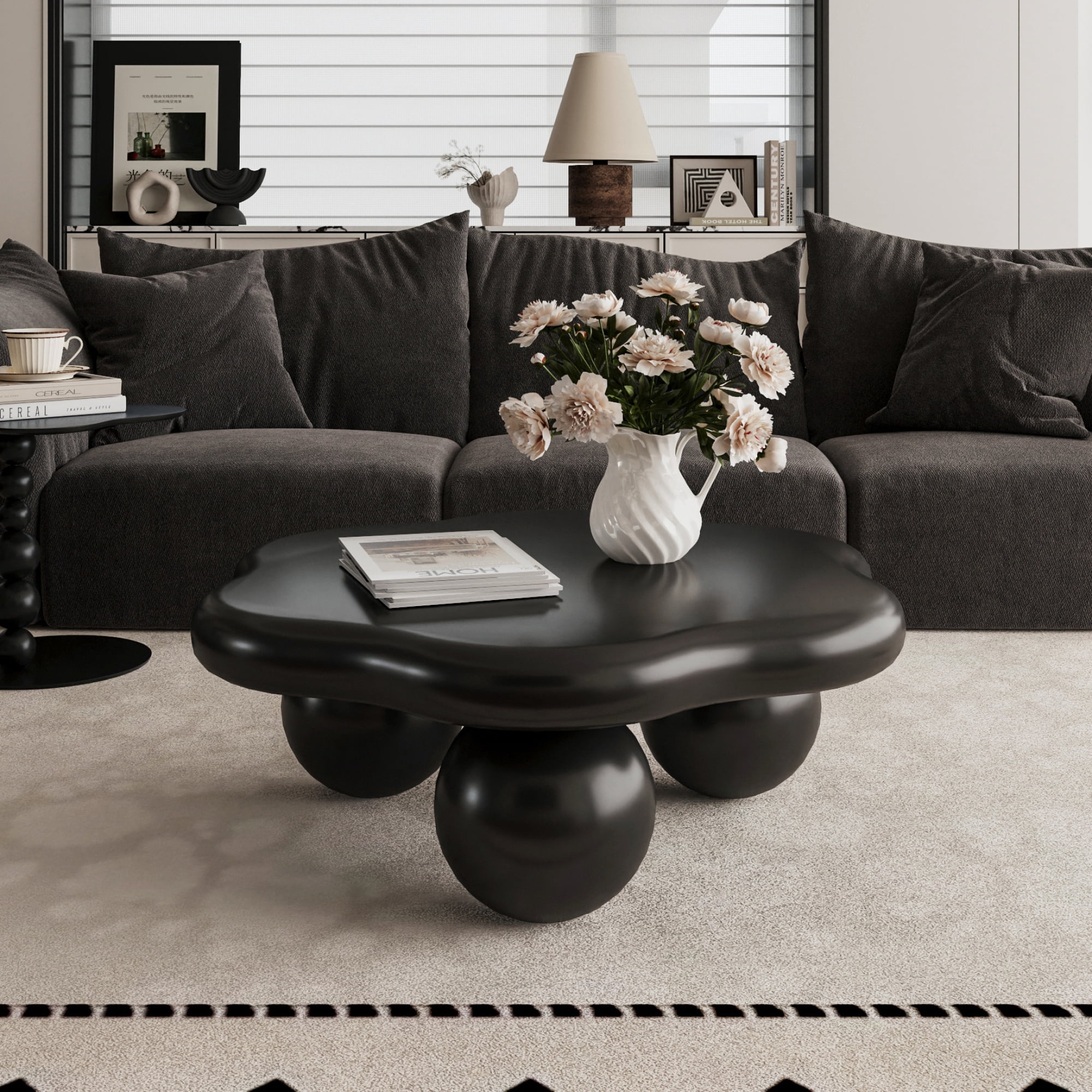35" Cloud Shaped Coffee Table, Petal-Shaped Modern Minimalist Coffee Table with Spherical Legs, Kid & Pet Friendly Space Saving Center Table Tea Table for Small Apartment