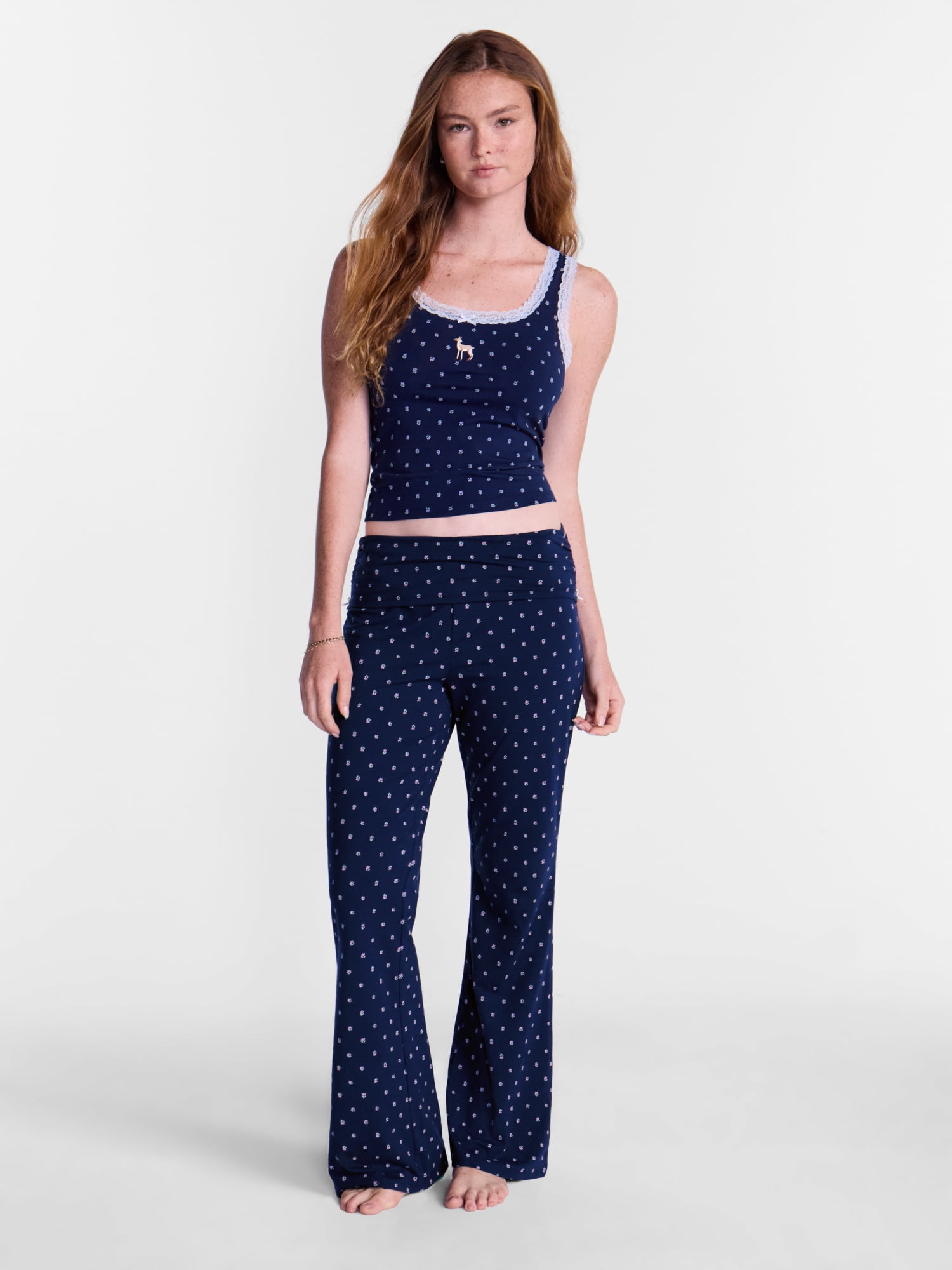 No Boundaries Cotton Blend Jersey Sleep Foldover Pants, 31'' Inseam, Women’s XXS-3X