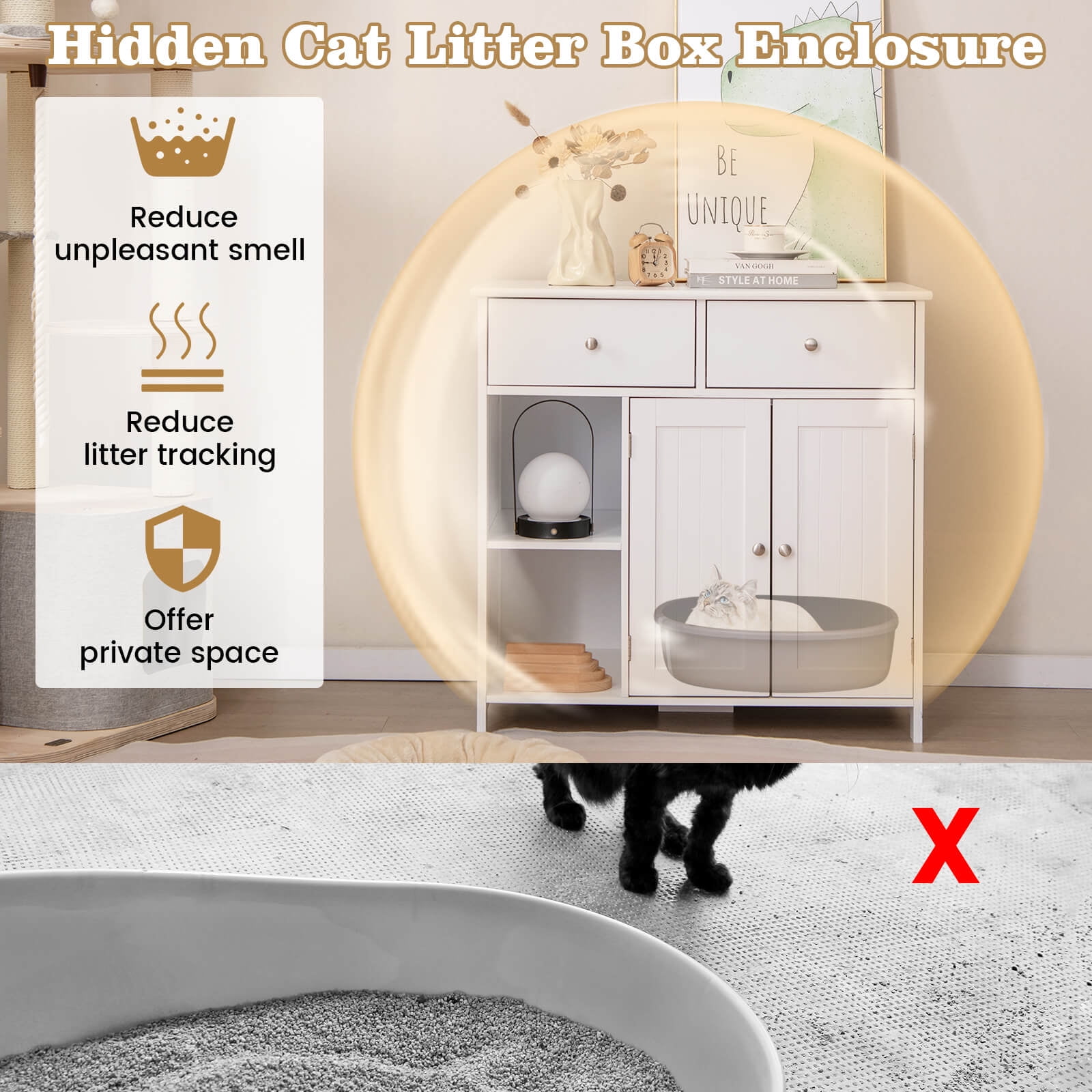 Costway Cat Litter Box Enclosure with 2 Drawers Double Doors Open Shelves Modern Indoor
