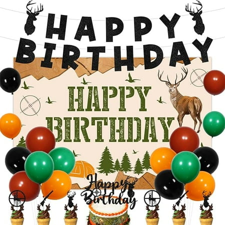 WEEKS Deer Hunting Birthday Party Decorations Camo Deer Birthday Backdrop Glitter Banner Cake Topper Hunting Theme Cupcake Toppers Latex Balloons for Boys Bday Party Decor Supplies