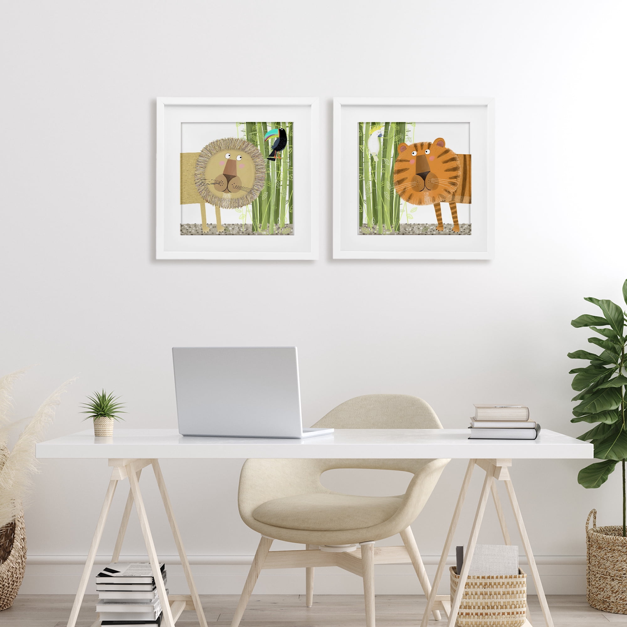 Stupell Industries Bamboo Trees & Animals 2 Piece White Framed Print Under Glass Set, design by Carla Daly