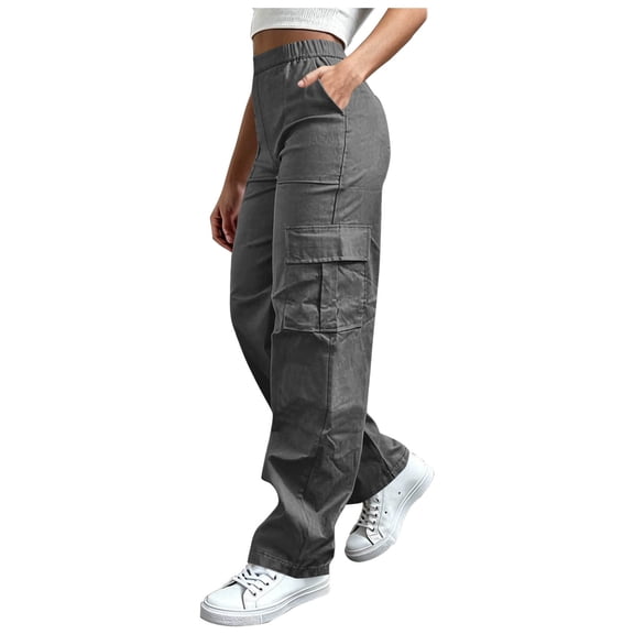 cocolona Womens High Waist Casual Cargo Pants Elastic Waist Straight Wide Leg Outdoor Hiking Pants with Pockets