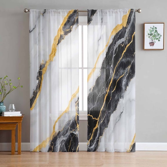 Marble Black Semi Sheer Curtains 72 Inch Length 2 Panels Set, Gold Foil Ceramic Style Cracks Scratches Sheer Kitchen Curtain Privacy Voile Window Curtain for Living Room Bedroom Rod Pocket Drapes