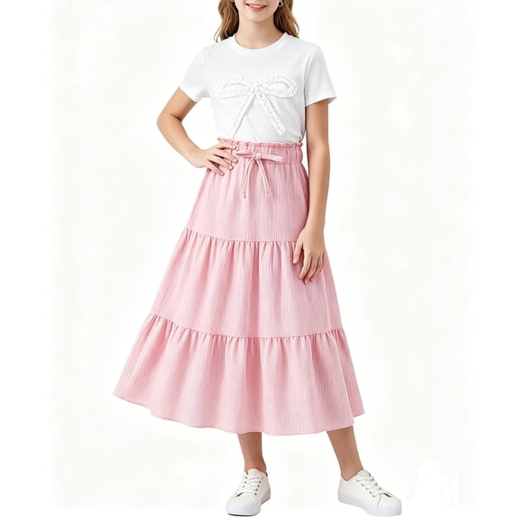 LEKWK Girls 2 Piece Midi Skirt Set Bow Short Sleeve Shirts and Elastic Waist Ruffle Tiered Skirt Casual Summer Outfit Teen Boho Floral Holiday Resort Wear