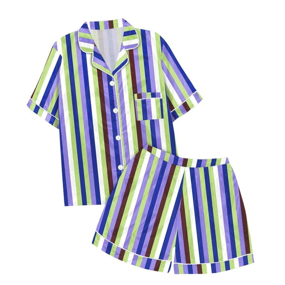 Womens Pajama Sets 2 Piece Pj Sets Stripes Graphic Print Lapel Button Shirt and Shorts Blue Lounge Sets for Women L