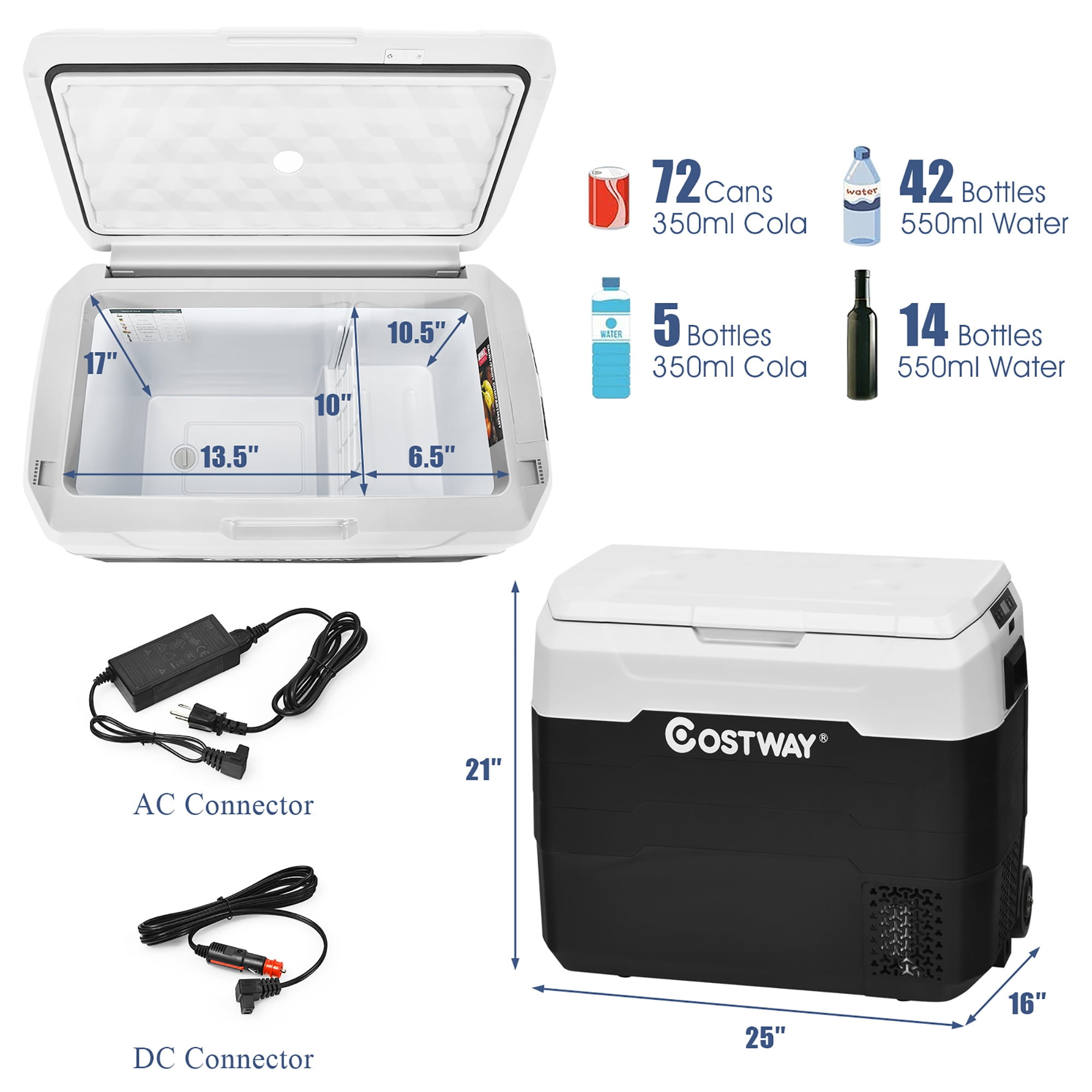 Costway 53 qt Wheeled Corded Electric Dual-Zone Portable Car Refrigerator, White