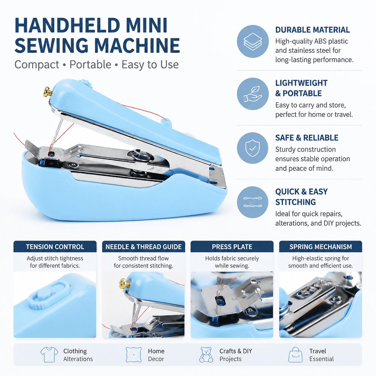 Blue Spring come Handheld Mini Sewing Machine, Portable Manual Pocket Stitch Tool, Compact Lightweight Sewing Device for Clothing Repair, Home DIY Crafts, Travel Emergency Fabric Mending