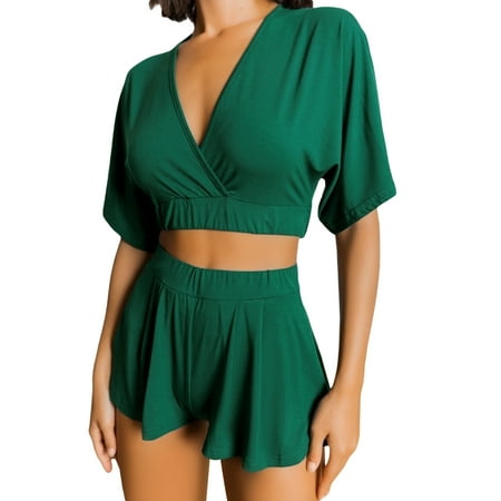 

Carolilly Women s Comfortable Pajama Suit Short Sleeve V-neck Top with Elastic Pleated Waist Shorts Plain Casual Wear Pajamas Sportswear