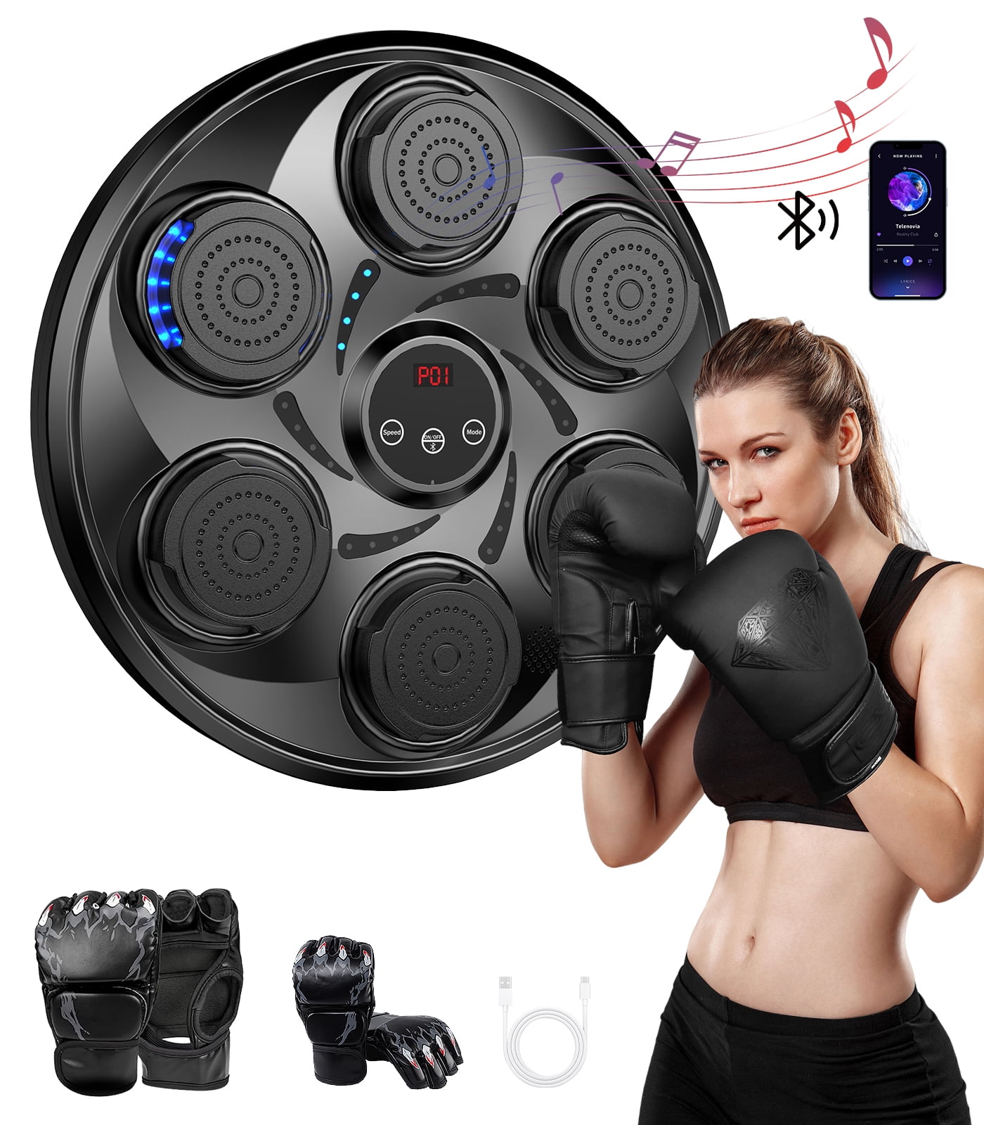 LNOW Adults/Teenagers Music Boxing Machine with 2 Pairs Boxing Gloves, Wall Mounted Smart Bluetooth Music Boxing Trainer, Electronic Boxing Target Workout Punching Equipment for Home, Indoor and Gym