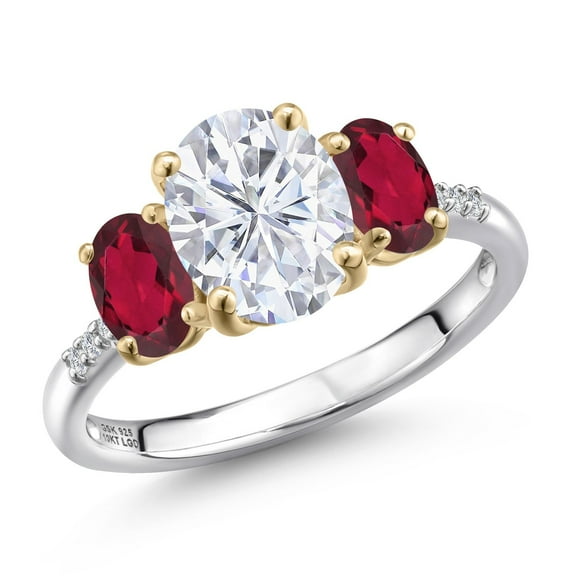 Gem Stone King 925 Silver and 10K Yellow Gold White Moissanite and Ruby Red Mystic Topaz and Lab Grown Diamond Engagement Ring for Women | 3.16 Cttw | Oval 9X7MM | Birthstone | Size 8