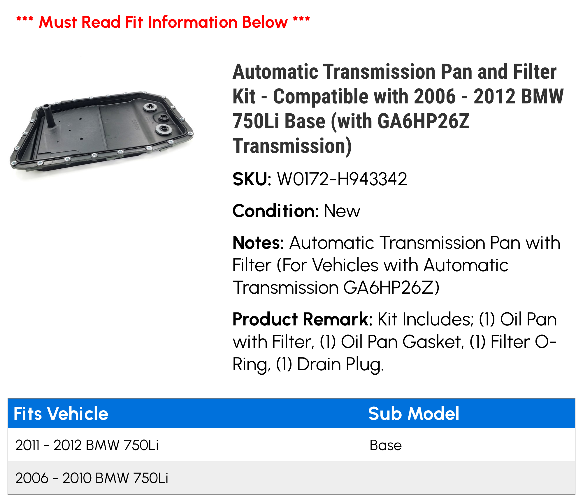 Automatic Transmission Pan and Filter Kit - Compatible with 2006 - 2012 BMW 750Li Base (with GA6HP26Z Transmission) 2007 2008 2009 2010 2011