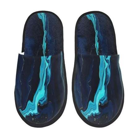 Balery Blue Marble And Gold Slient Indoor Furry Fleece Comfort House Shoes Soft Non-Slip Home Shoes Cotton slippers House Slippers-- Large