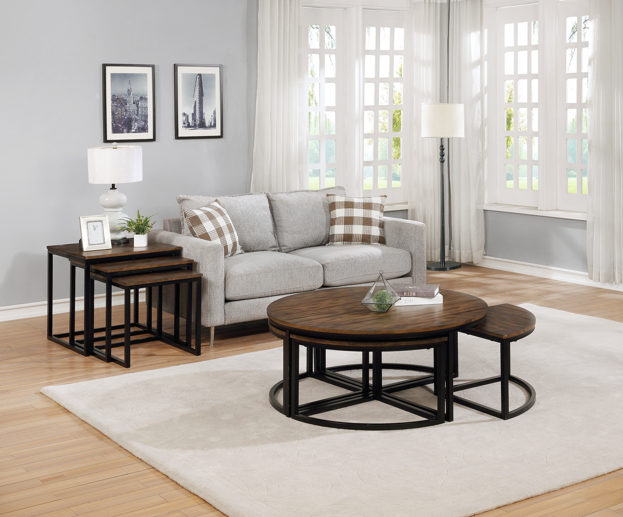 Arcadia Acacia Wood 42 Round Coffee Table with Nesting Tables, Antiqued Mocha