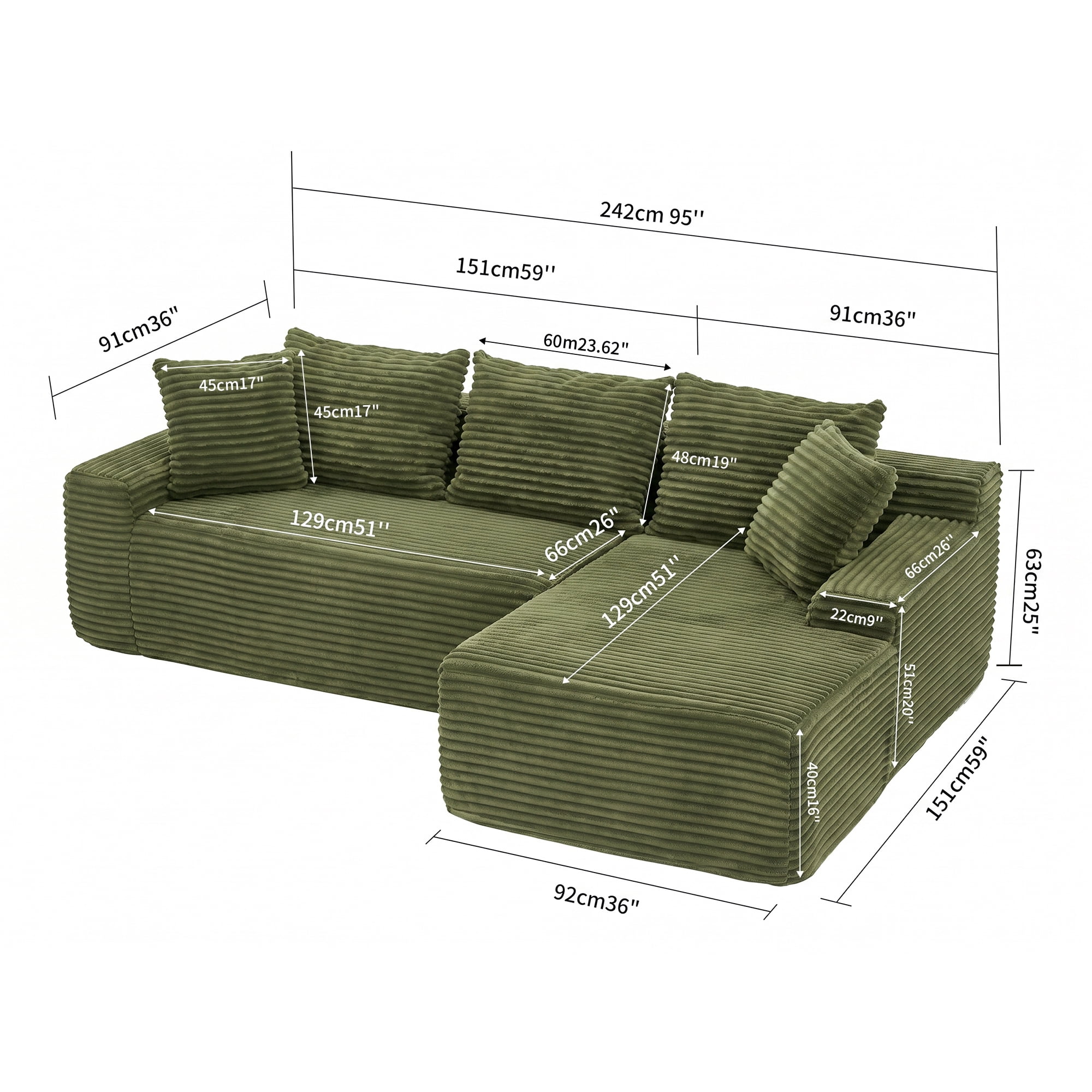 Leumius 95" Boneless Modular Sectional Sofa with Chaise,L-Shaped Comfy Corduroy Couch with Deep Seat,Upholstered Sectional Couch for Living Room, No Assembly,Green