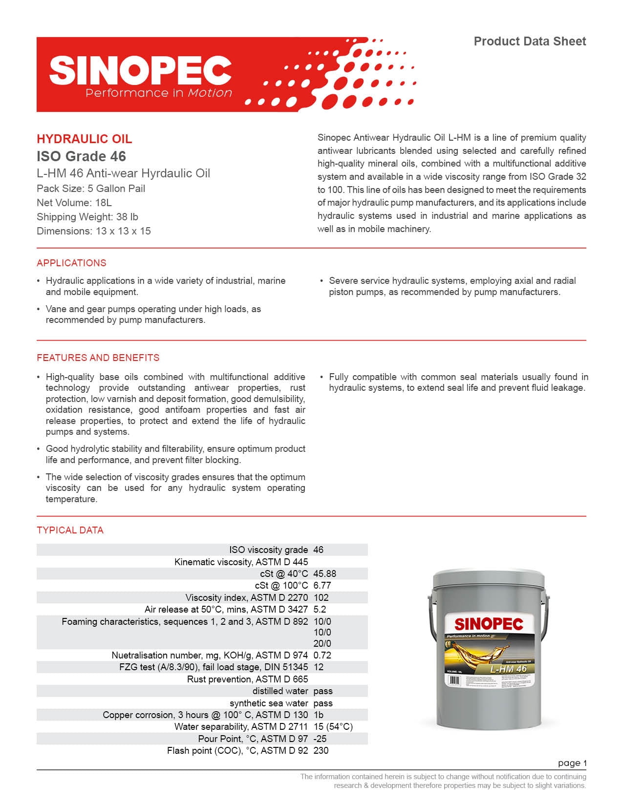 Sinopec LHM 46 Antiwear Hydraulic Oil Gallon Pail, 58 OFF