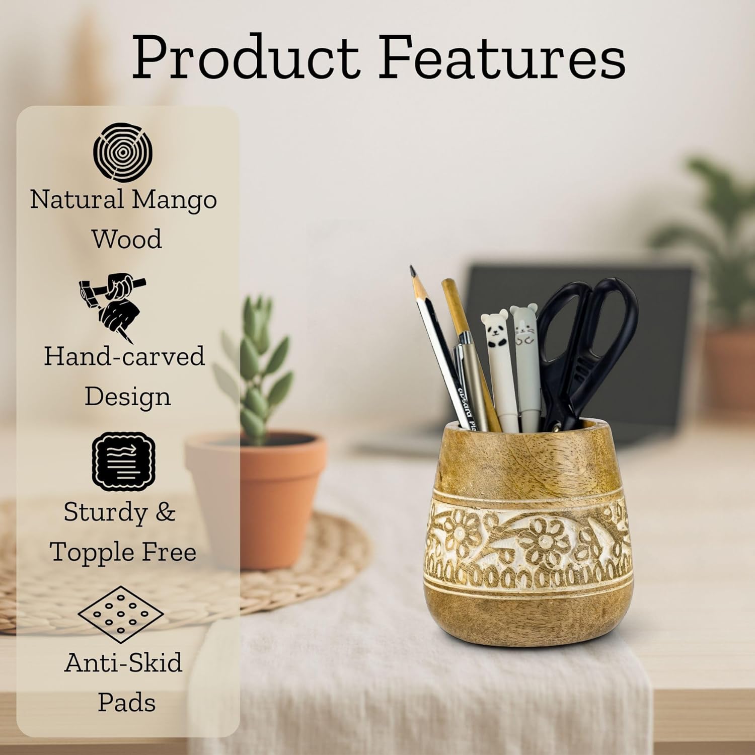 Designer Pencil Holder for Desk Wood | Paintbrush Holder Cup, Desk Accessories, Cute Make Up Brush Organizers | Office Desktop, Wooden Pen Stand | Stationary, Art Supplies | White-4''