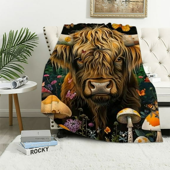 BCIIG Highland Cattle Kids Throw Blanket,Jungle Mushroom Botanical Plants Rustic Bed Blanket for Boys Girls,Bull Cow Wild Animal Fleece Blanket,Brown Black Fuzzy Blanket,Baby Size   40x50in