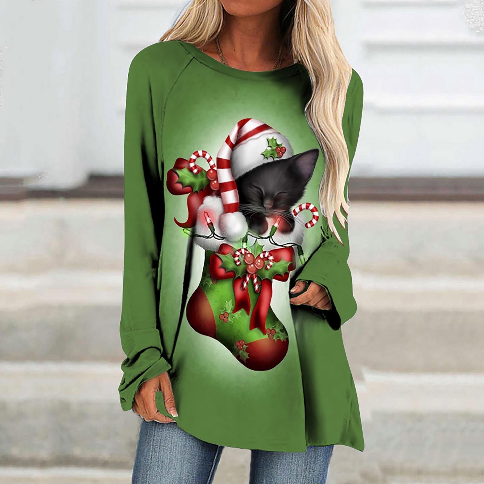 JERDAR Womens Christmas Tops Women Summer Fashion Casual Print Round Neck  Loose Long Sleeve T-shirt Top Blouse Pullover Green XL - Walmart.com
