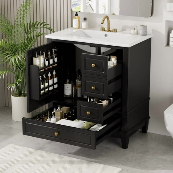 by Christopher Knight Home ® 30" Bathroom Vanity with Sink, One Door with Shelf and Three Drawers, Soft Close Door, Black RR