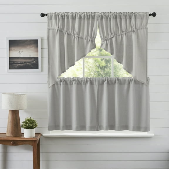 VHC Brands Burlap Dove Grey 4 PC Curtain Set (2 Prairie Swag 36x18 and 2 Tier 24x36)