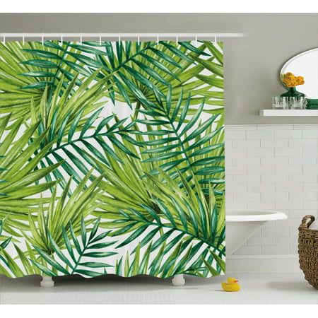 Plant Shower Curtain, Watercolor Tropical Palm Leaves Colorful Illustration Natural Feelings, Fabric Bathroom Set with Hooks, 69W X 70L Inches, Fern Green Lime Green, by
