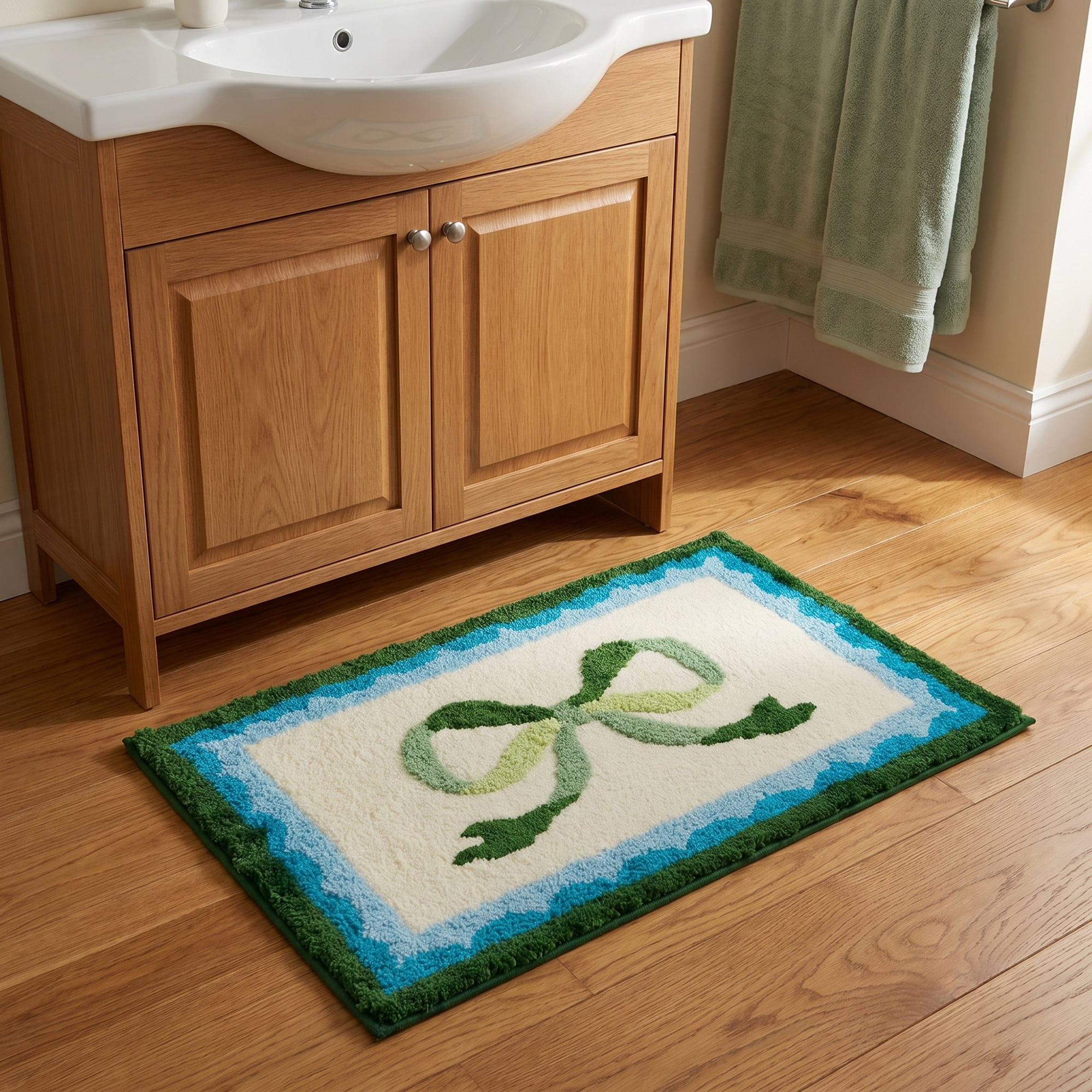 Unique Bargains Aesthetic Printed Soft Absorbent Shaggy Bath Mat Green Blue 32" x 20"