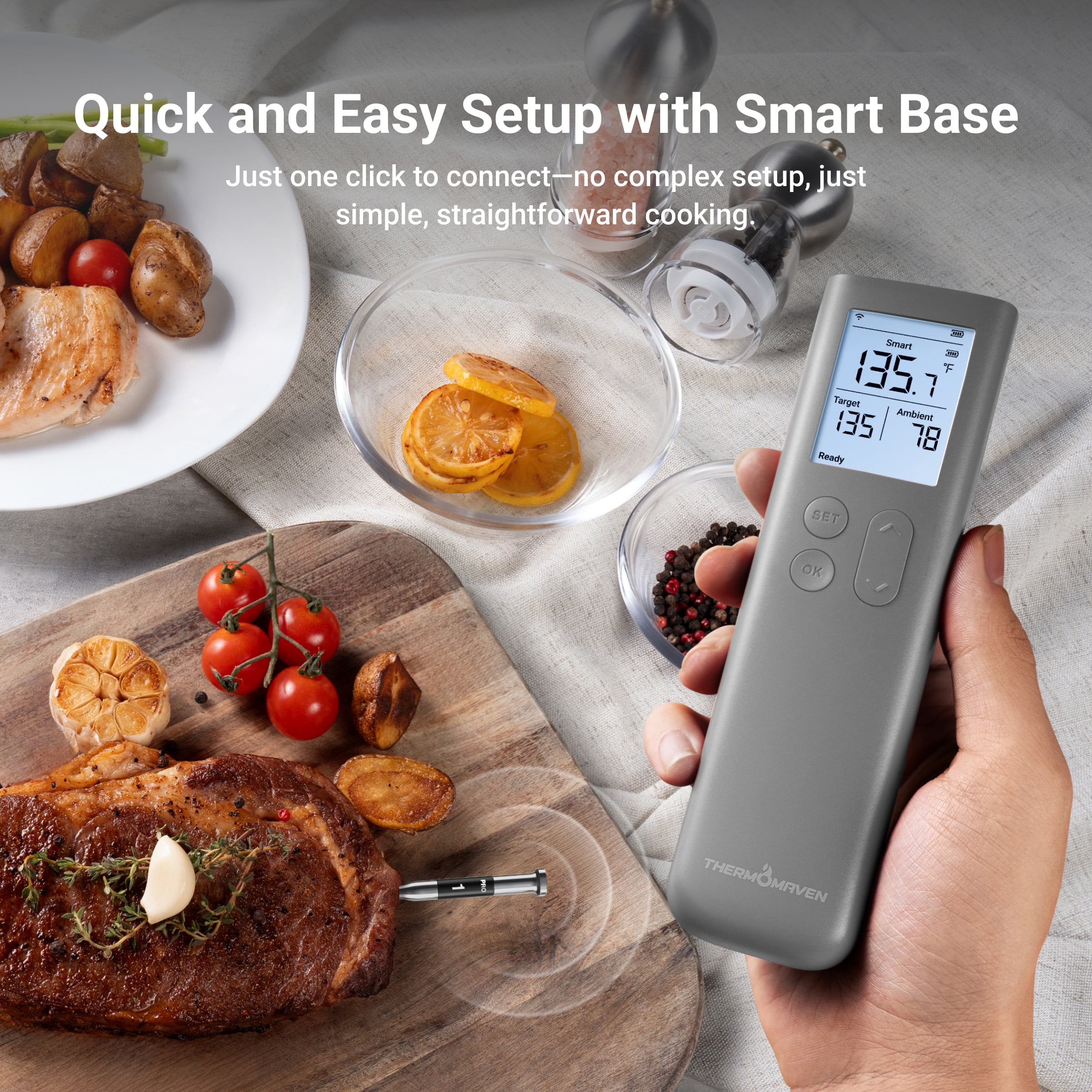 ThermoMaven G1 Wireless Meat Thermometer with Smart Base Control, 3000 FT Sub-1G Wireless Range, Unlimited Range on WiFi