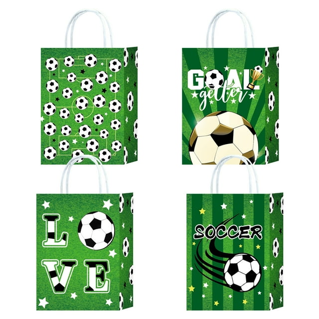 Bolsa de fiesta con temática de fútbol, papel kraft blanco, 22 x 16 x 8 cm, 10 unidades