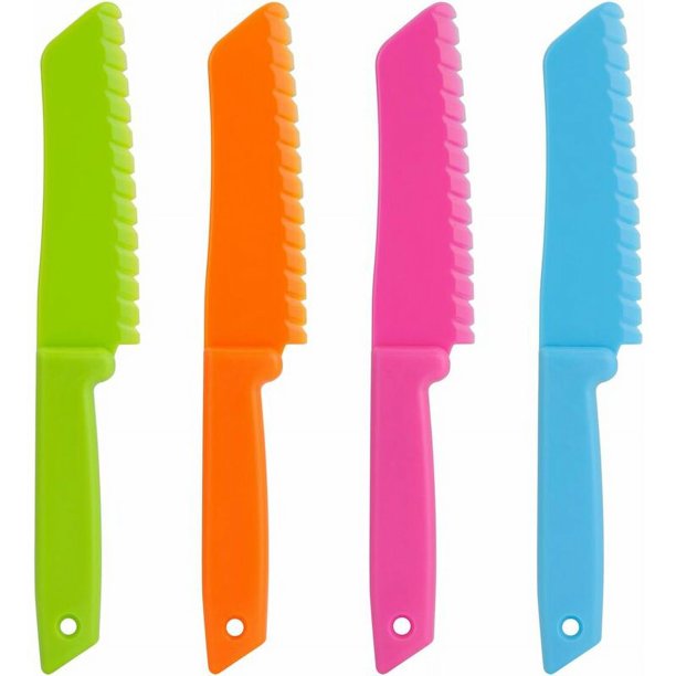 Juego de 4 cuchillos de cocina de plástico con bordes dentados - Cuchillos de plástico - Cuchillo de nailon para niños Safe Chef / Cuchillo de chef para niños para frutas, pan, pasteles, ensaladas