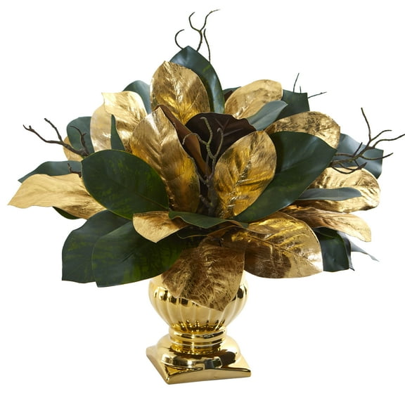 Nearly Natural 18” Magnolia Leaf Artificial Arrangement in Gold Planter