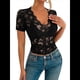 thumbnail image 1 of Blusa de para Mujer, de Corta, Cuello Redondo, Ajustada, con Encaje Floral Liso, Blusas Transparentes con Cuello en V Negro XL, 1 of 7