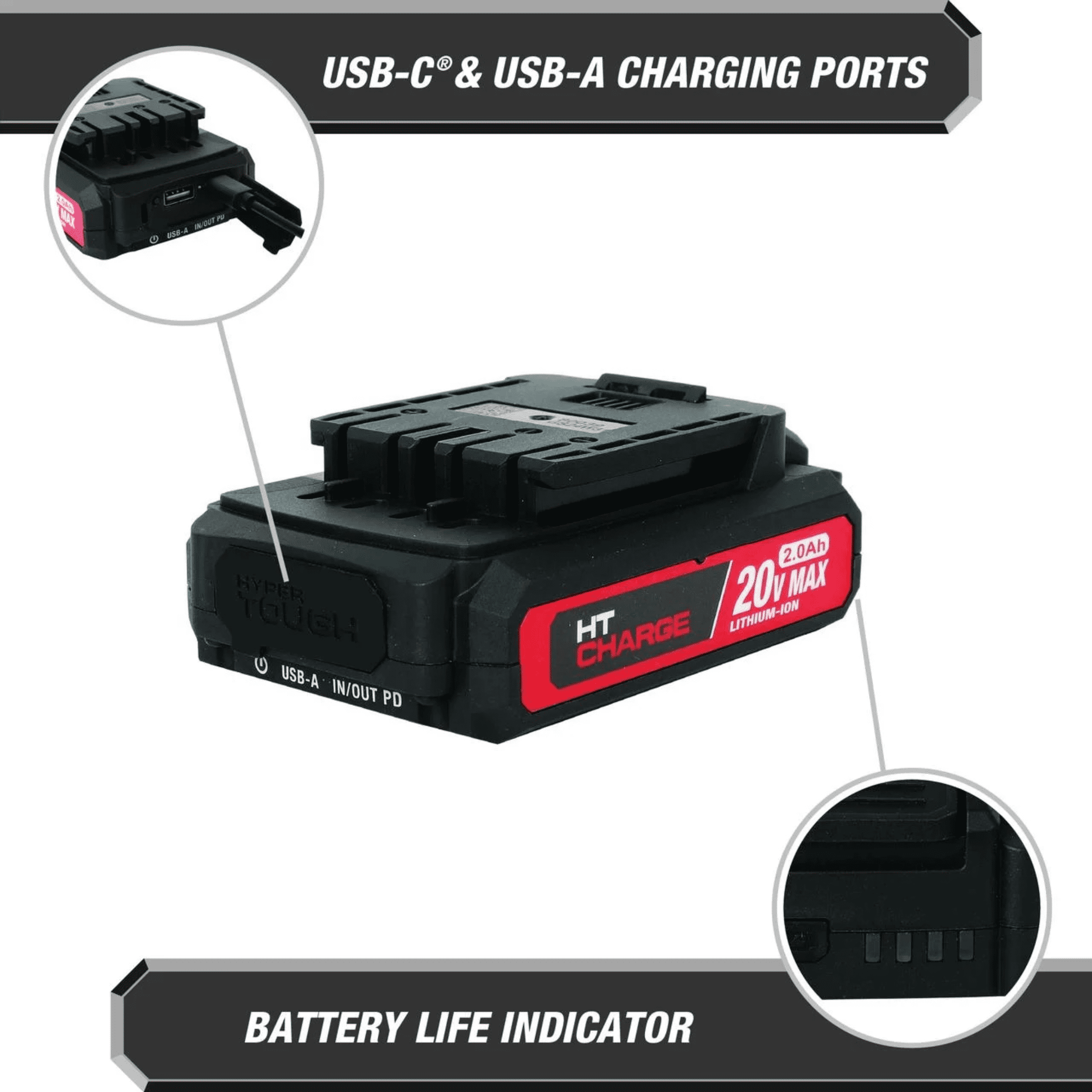 Hyper Tough 20V 2.0Ah Rechargeable Battery with USB-a and USB-c Ports