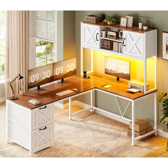 Farmhouse L Shaped Computer Desk with 2 Drawers and Storage Shelves, Reversible 86.6" Gaming Desk with LED Lights, Corner Office Desk for Home Office, Bedroom, Living Room