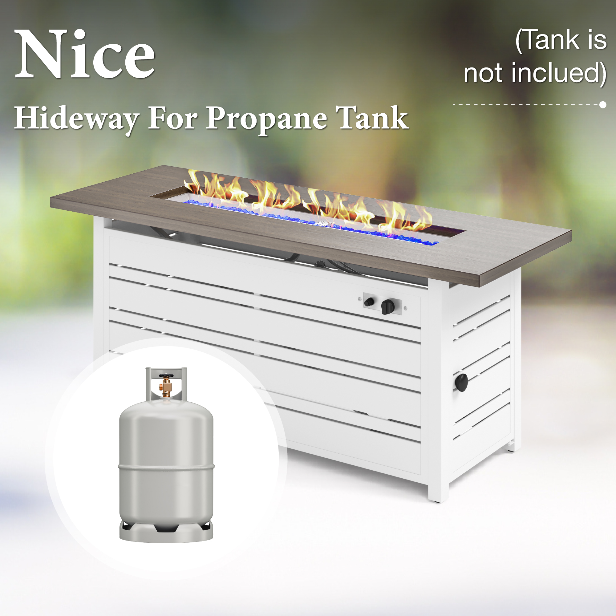 Summit Living 56" Rectangular Propane Fire Pit Table, 50,000 BTU Gas Fire Pit with Lid and Blue Fire Glass, White