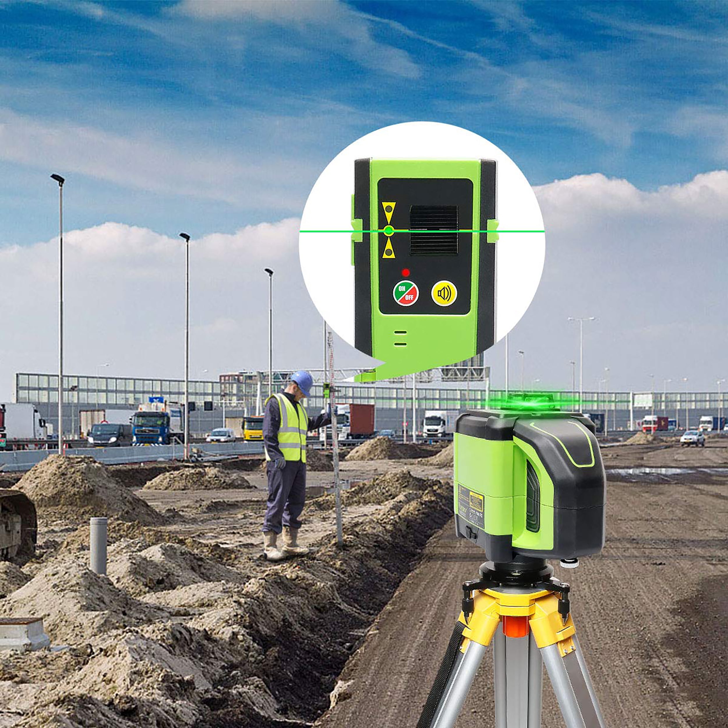 Huepar DT03CG 3D Cross Line Laser Level, Green Beam — 200 ft Range, 3 × 360° Self-Leveling, Includes Laser Receiver, Metal Base, Rechargeable Battery