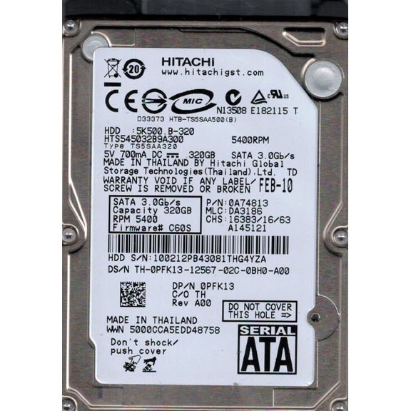 Hitachi HTS545032B9A300 P/N: 0A74813 MLC: DA3186 320GB