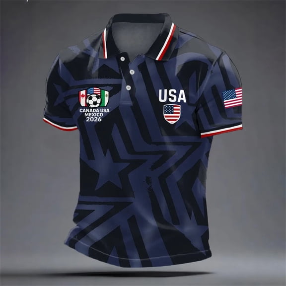 Soccer Jersey Polo Shirt for Men USA Short Sleeve Men's America Independence Day Fashion Flag Star Print Large Sized Button Down Shirt Casual Shirts L