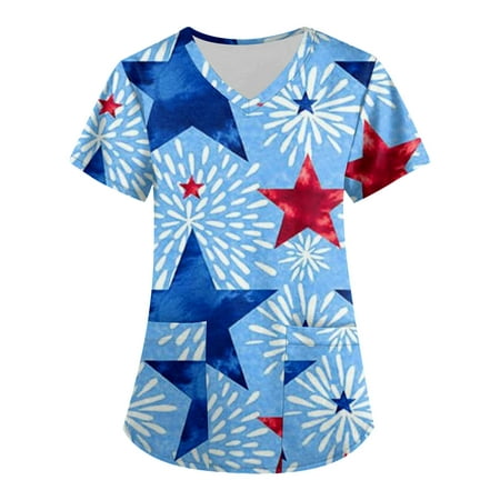 

TQWQT Scrub Tops Women Print Short Sleeve T-Shirts Stretchy Print V Neck Nurse Uniforms with Pockets Blue S