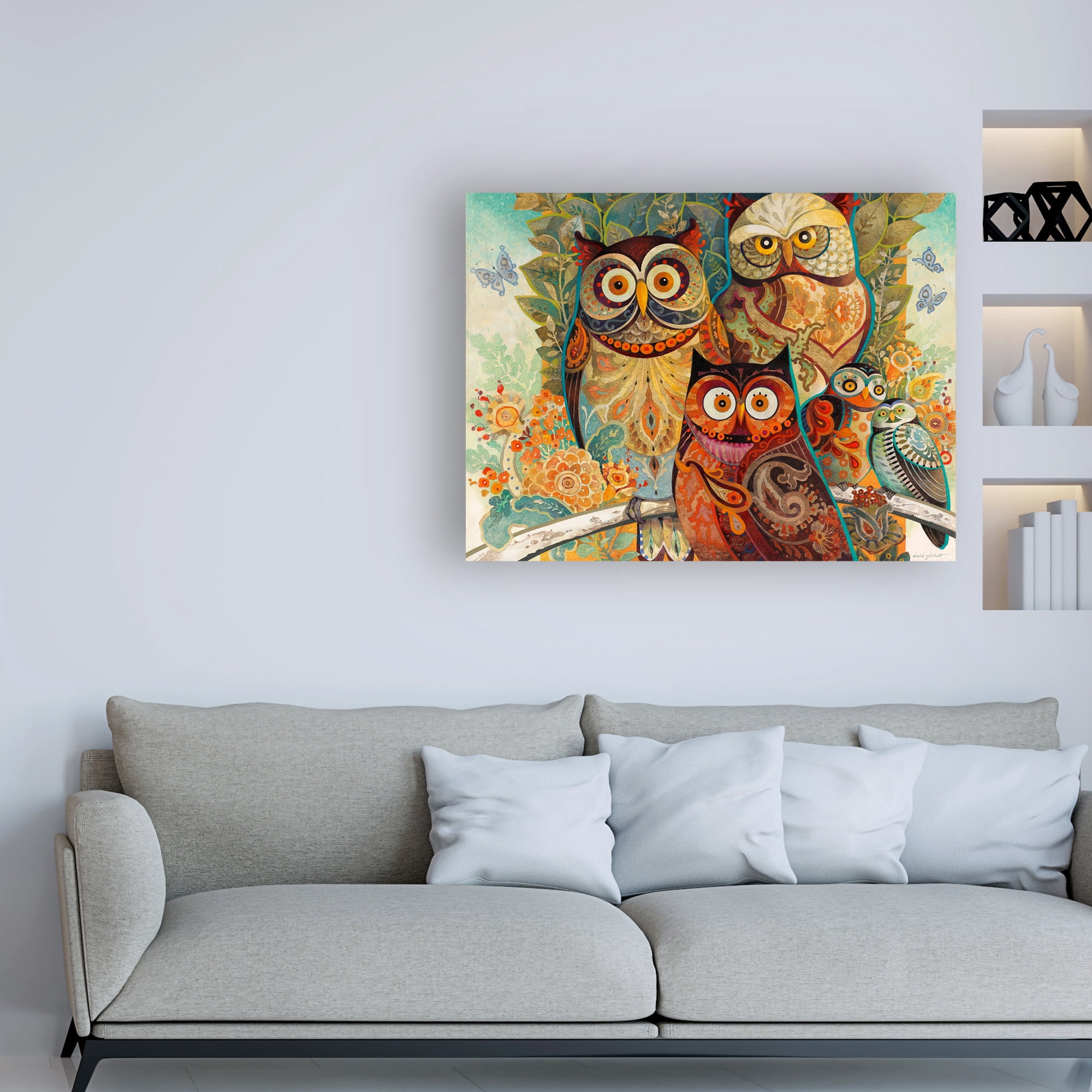 Trademark Fine Art 'Owls On Floral Branch' Canvas Art by David Galchutt