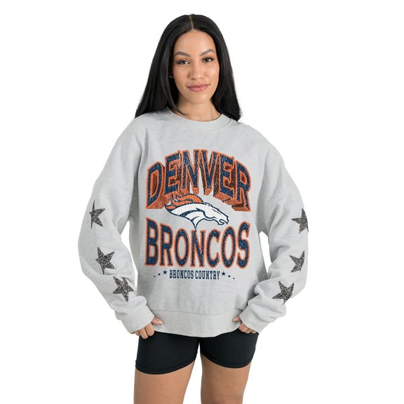 Women's Gameday Couture Ash Denver Broncos Resilience Relaxed Rhinestone Pullover Sweatshirt