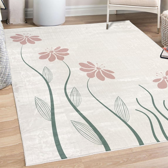 Flower Decorative Rug, Floral Petals with Striped Leaves and Lines Modern Style Geometrical Design Print, Quality Carpet for Bedroom Dorm and Living Room, 6 Sizes, Ivory, by Ambesonne