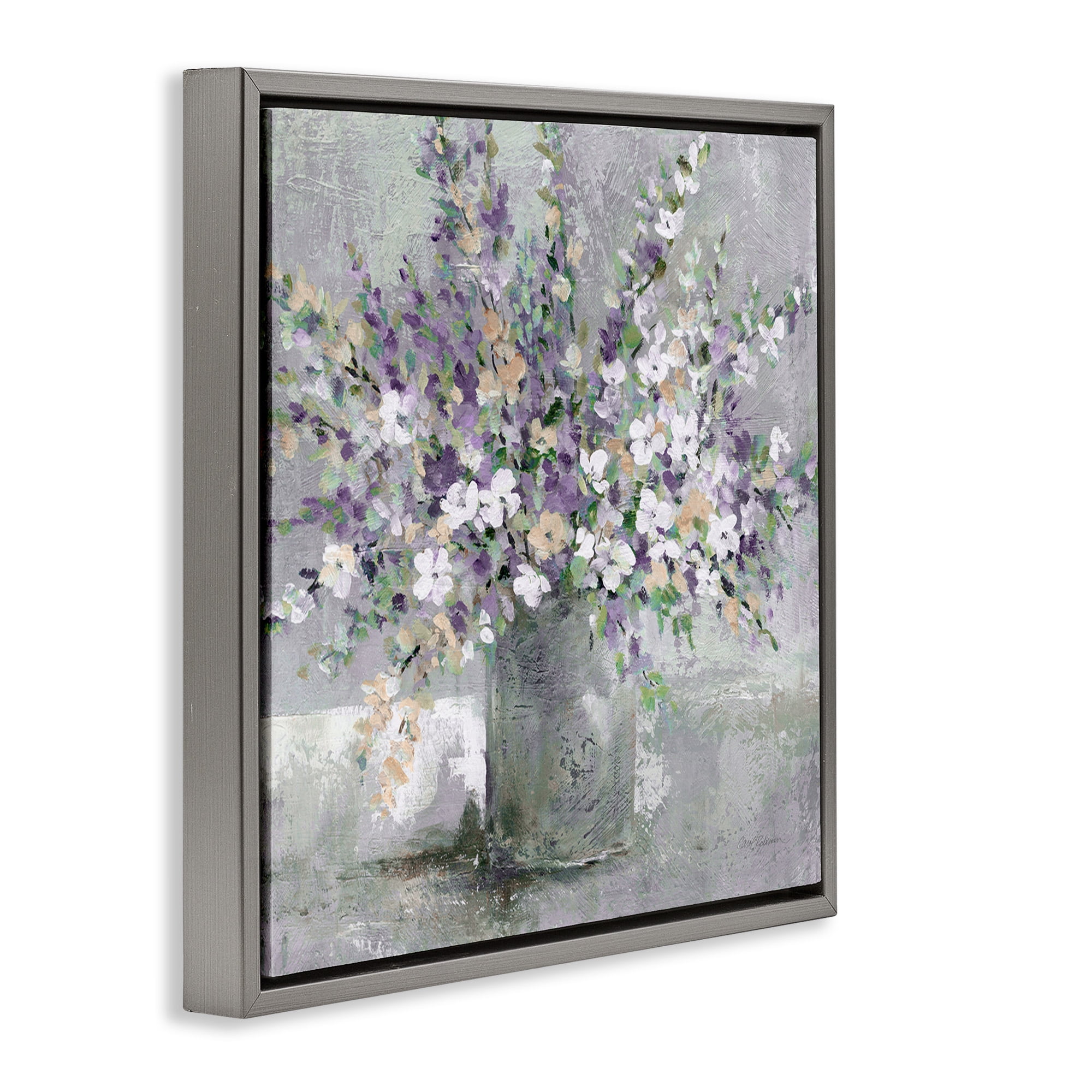 Stupell Industries Blossoming Aster Flower Bouquet Botanical & Floral Painting Gray Floater Framed Canvas Art Print Wall Art, 18 x 18