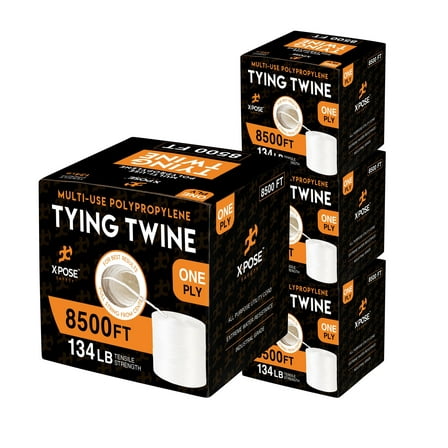 Polypropylene Tying Twine - 1 Ply White Plastic Poly Twine String 8500' Roll - Soft On Hands - Heavy Duty Outdoor & Indoor Tie Line - Baling Twine, Shipping & Bundling Twine, Packaging Rope 4 Pack