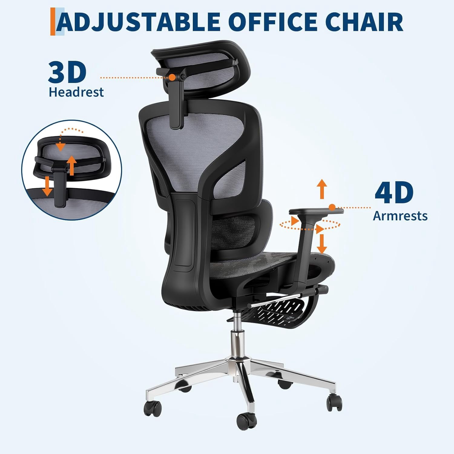 Ergonomic Mesh Office Chair with Footrest, Adjustable Armrests, Dynamic Lumbar Support, Recline & Tilt Function, High Back Design, Rolling Caster Computer Chair for Home Office, Gray