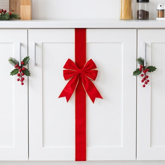 Self Adhesive Christmas Bows for Kitchen Cabinets, Removable Stick on Satin Ribbon Bow Decor for Cabinet Door Window Mirror Wall, No Damage Holiday Xmas Party Decoration