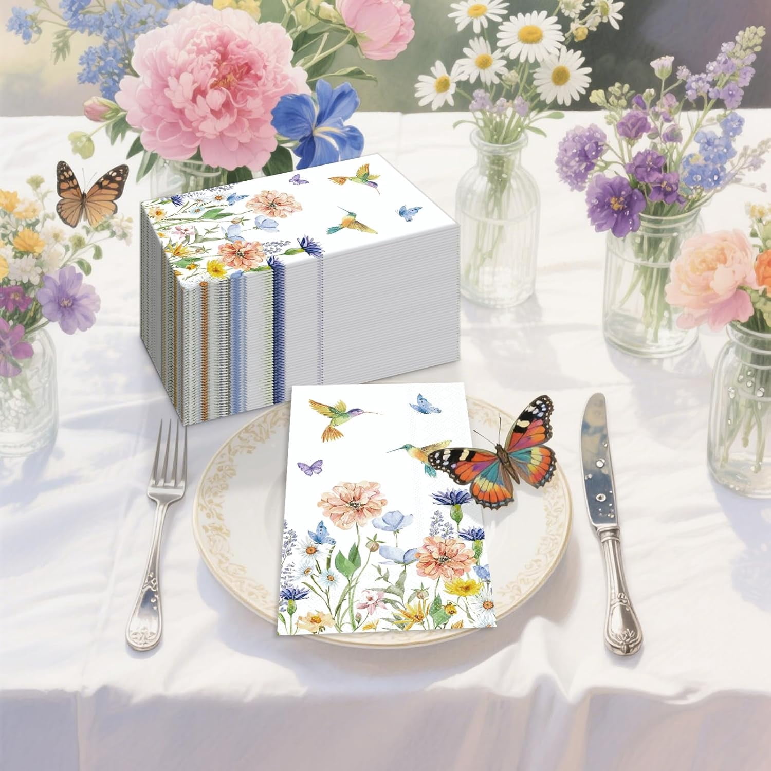 100PCS Floral Paper Napkins 3 Ply Disposable Hand Towels,Wildflower Hummingbird Paper Guest Napkins Dinner Napkins for Wedding Bridal Baby Shower Birthday Tea Party Home Table Decor