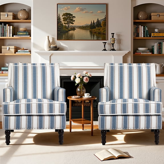 Paproos Upholstered Accent Chair Set of 2, Vintage Arm Chairs with Blue White Striped Linen Fabric, Nailhead Trim, Comfy Reading Lounge Chairs for Living Room, Bedroom, Blue