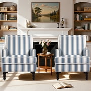 Paproos Upholstered Accent Chair Set of 2, Vintage Arm Chairs with Blue White Striped Linen Fabric, Nailhead Trim, Comfy Reading Lounge Chairs for Living Room, Bedroom, Blue