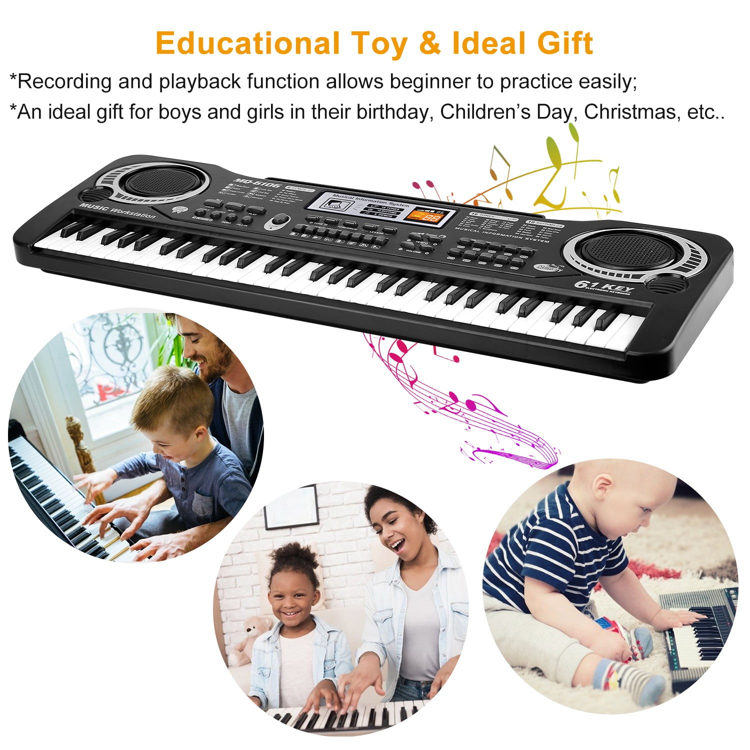 61-Key Digital Electronic Keyboard Piano – Multifunctional Musical Instrument with Microphone, 16 Tones, 10 Rhythms – Ideal for Beginners